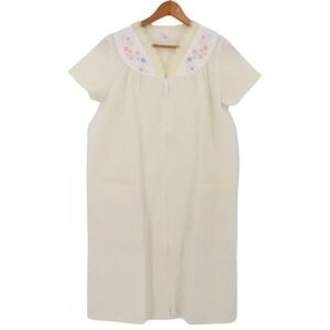 Vintage Striped Seersucker Floral Embroidered House Dress Size S Womens Cottage